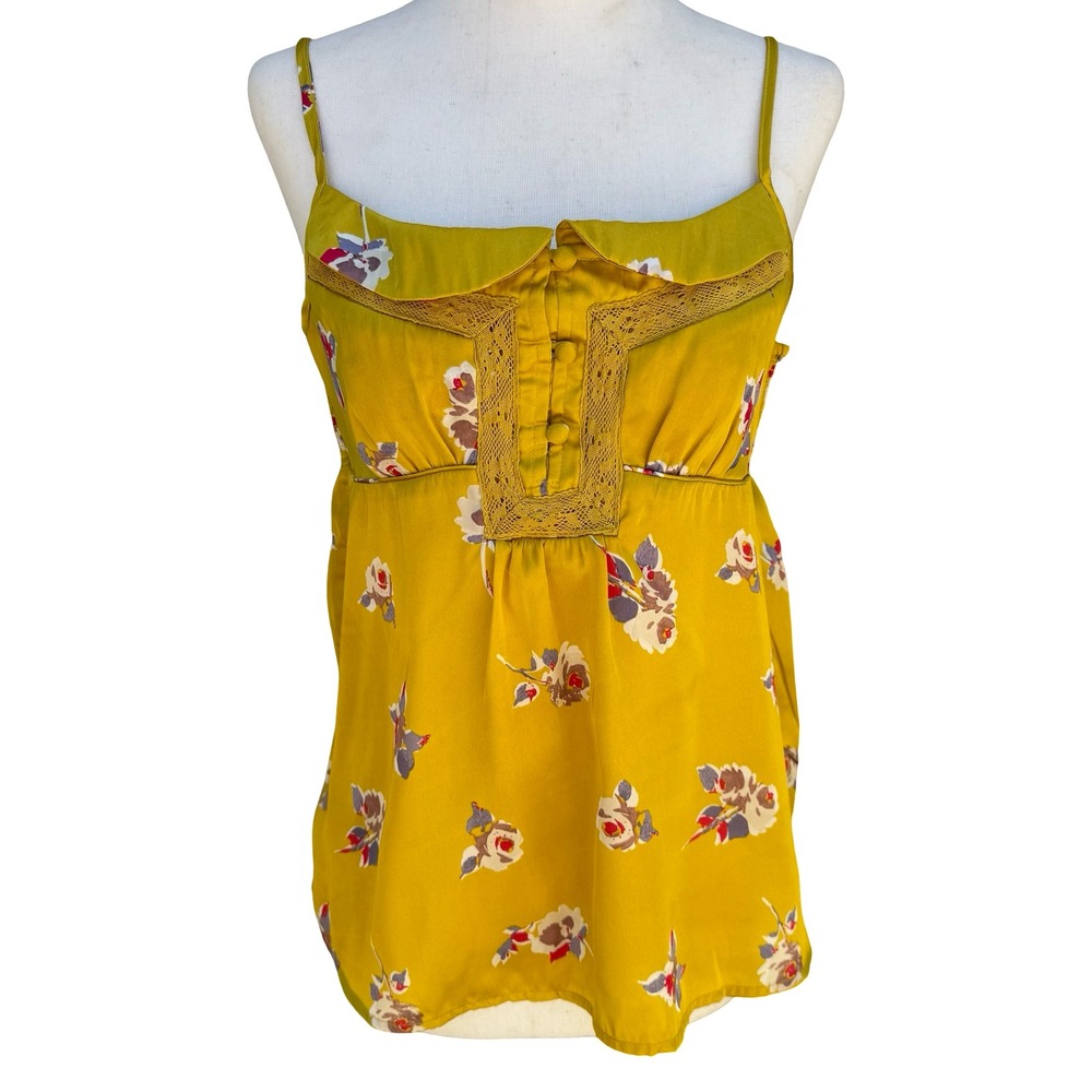 American Eagle Y2K Yellow Floral Lace Crochet Cami Top‎ M Boho Smocked Romantic